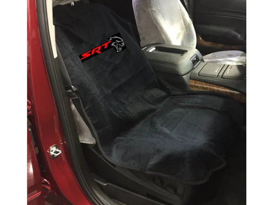 T-Top Vibes black cotton terry velour seat cover towel featuring the red and white Dodge SRT Hellcat logo.