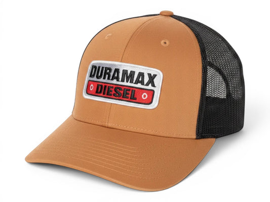 T-Top Vibes Duramax Diesel trucker cap in caramel and black with an adjustable snapback and breathable mesh back.