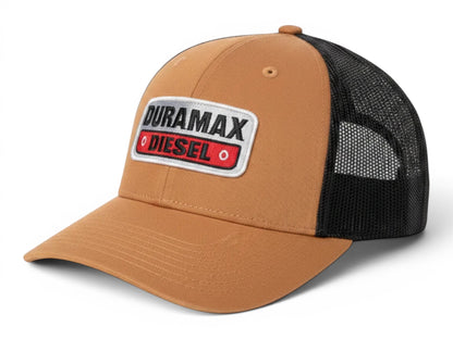 T-Top Vibes Duramax Diesel trucker cap in caramel and black with an adjustable snapback and breathable mesh back.