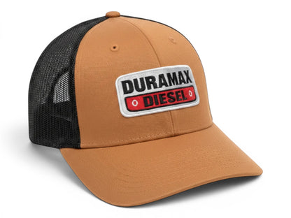 T-Top Vibes Duramax Diesel trucker cap in caramel and black with an adjustable snapback and breathable mesh back.