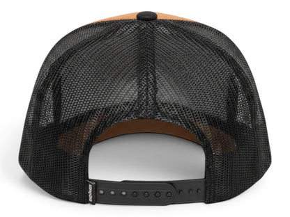 T-Top Vibes Duramax Diesel trucker cap featuring a caramel front, black mesh back, and adjustable snapback closure.