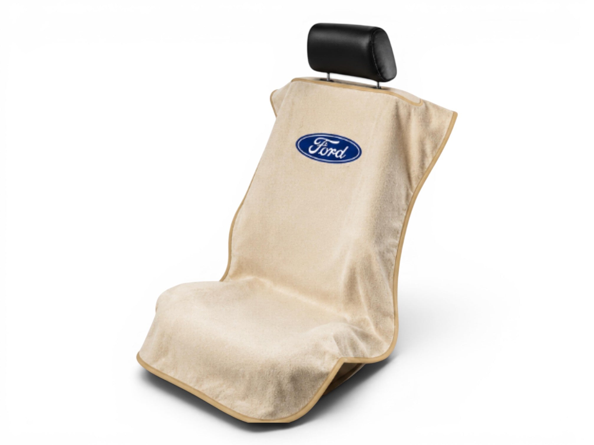 T-Top Vibes Ford beige cotton terry velour seat cover towel with blue logo, universal fit for cars and trucks.