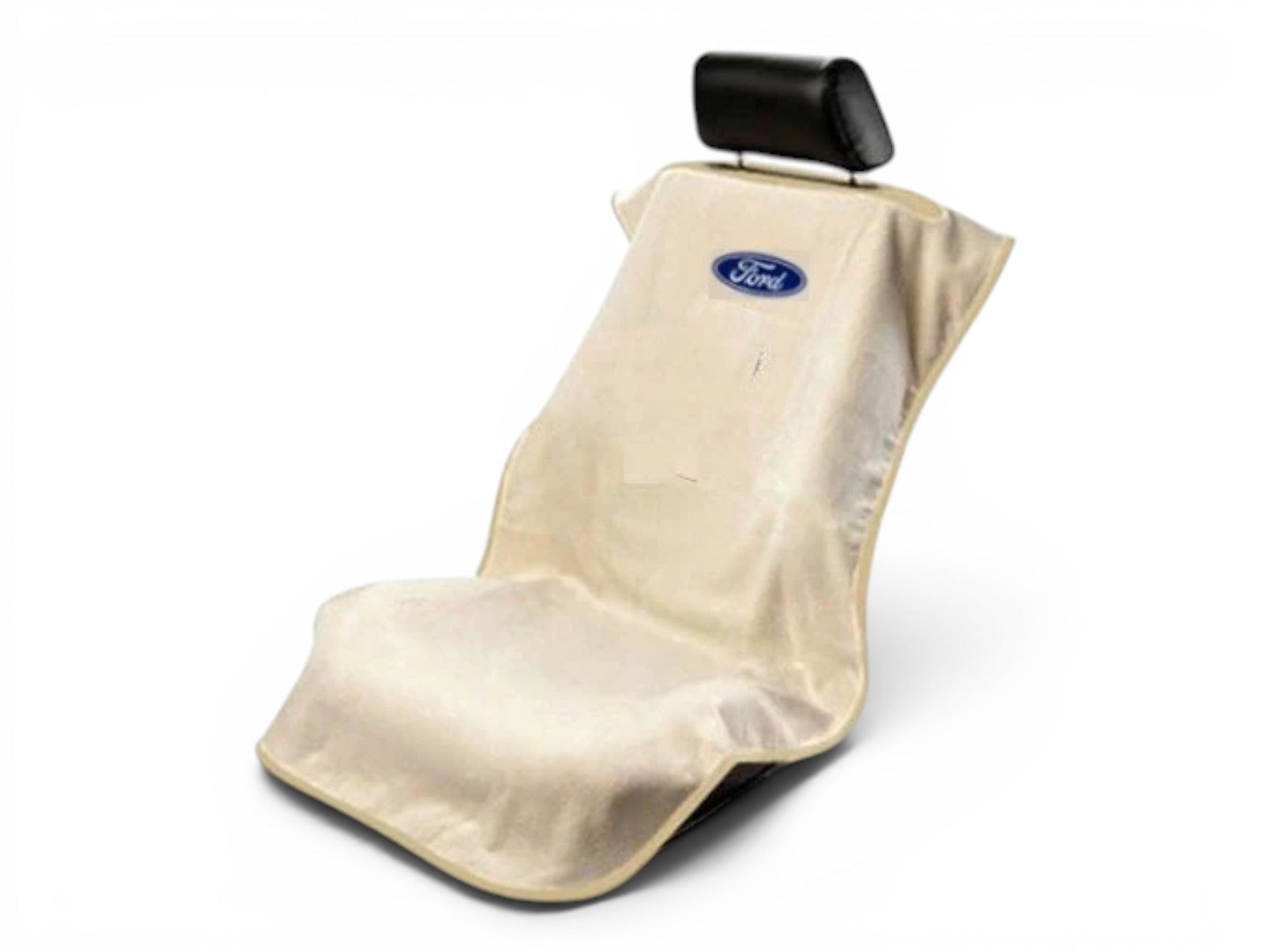 T-Top Vibes Ford beige cotton terry velour seat cover towel with blue logo for car, truck, and SUV protection.