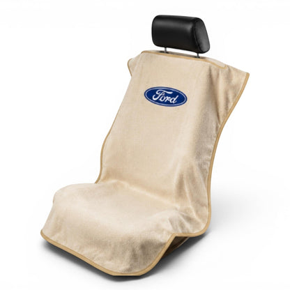 T-Top Vibes Ford car seat towel in beige cotton terry velour with blue logo, universal fit for cars and trucks
