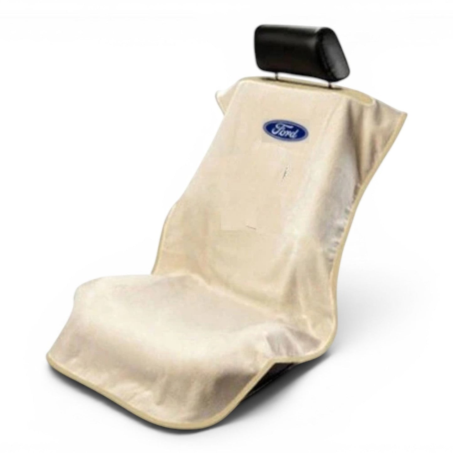 T-Top Vibes Ford car seat towel in beige cotton terry velour, featuring the Ford logo for universal vehicle fit.