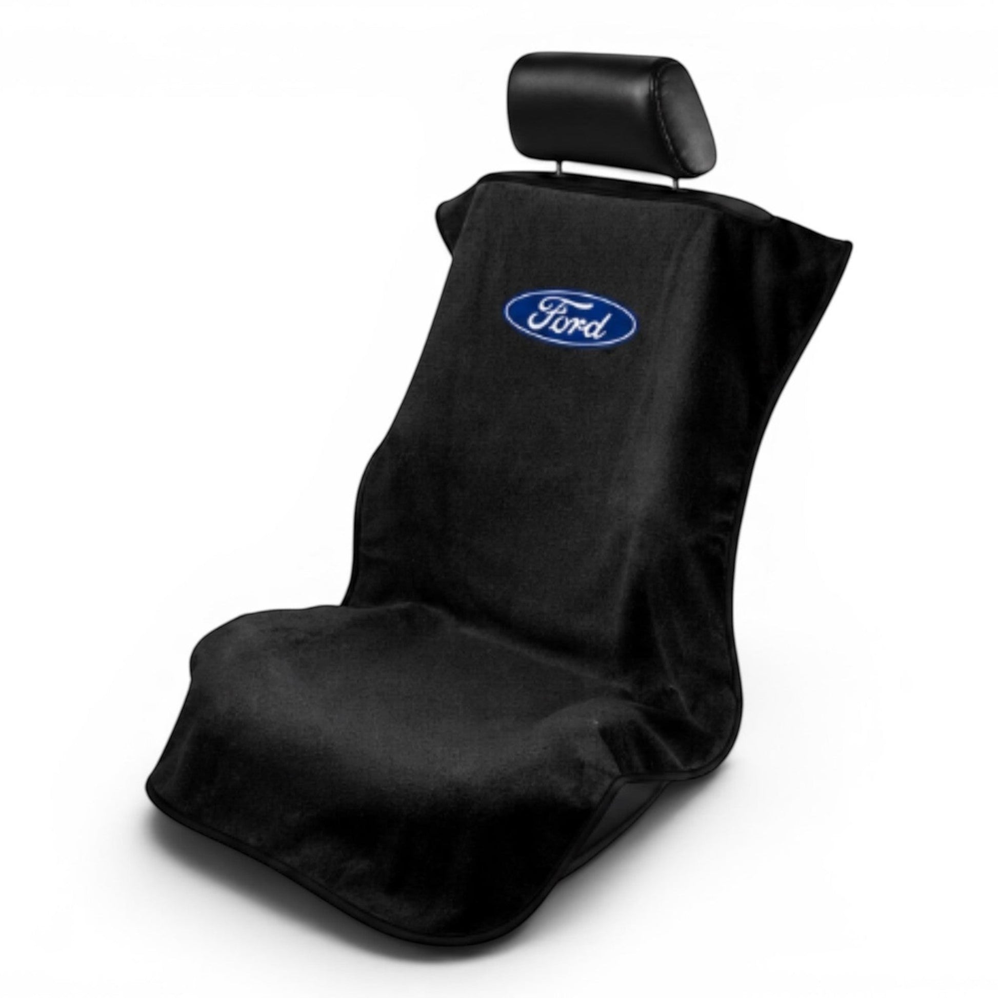 T-Top Vibes Ford black cotton terry velour car seat towel with official blue logo, universal fit for vehicle seats.