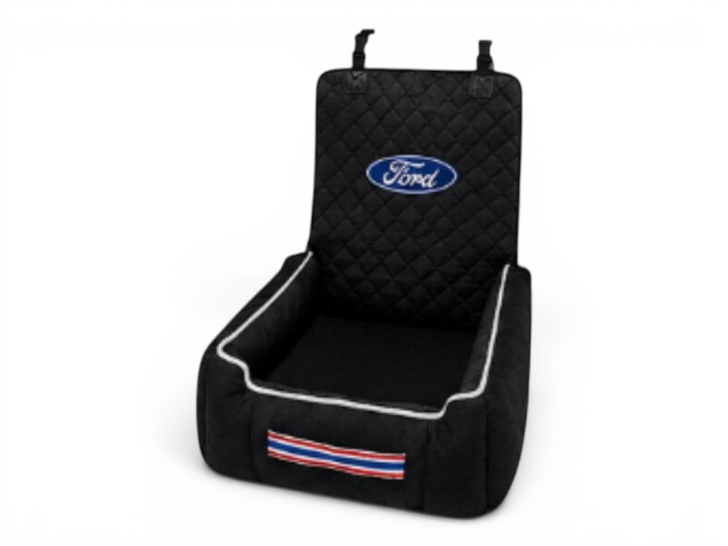 T-Top Vibes black quilted Ford pet car seat bed with white piping and seat belt pass-through for dog travel