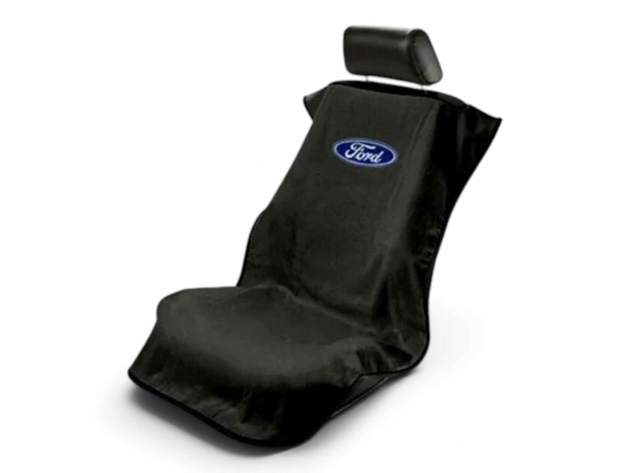 T-Top Vibes black cotton terry velour Ford seat cover towel with official blue logo for car and truck protection.
