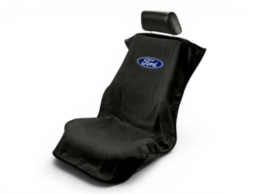 T-Top Vibes black cotton terry velour Ford seat cover towel with official blue logo for car and truck protection.