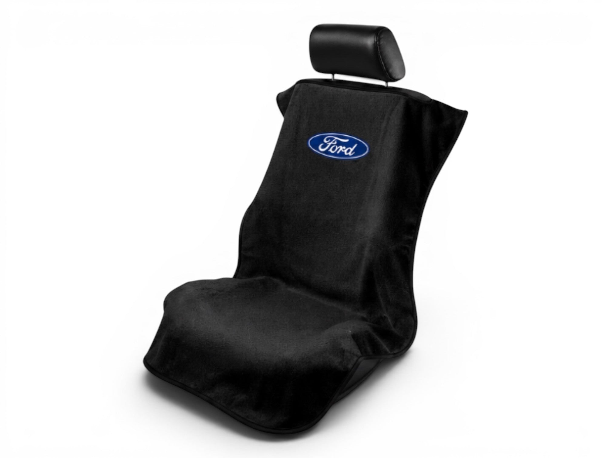 T-Top Vibes black cotton terry velour Ford seat cover towel with embroidered logo for cars and trucks