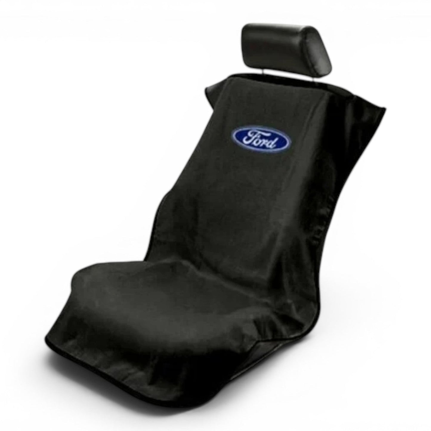 T-Top Vibes Ford car seat towel in black cotton terry velour with an officially licensed blue Ford logo