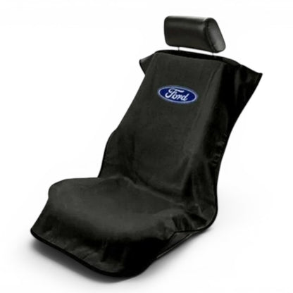 T-Top Vibes Ford car seat towel in black cotton terry velour with an officially licensed blue Ford logo
