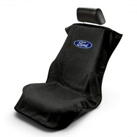 T-Top Vibes Ford car seat towel in black cotton terry velour with an officially licensed blue Ford logo
