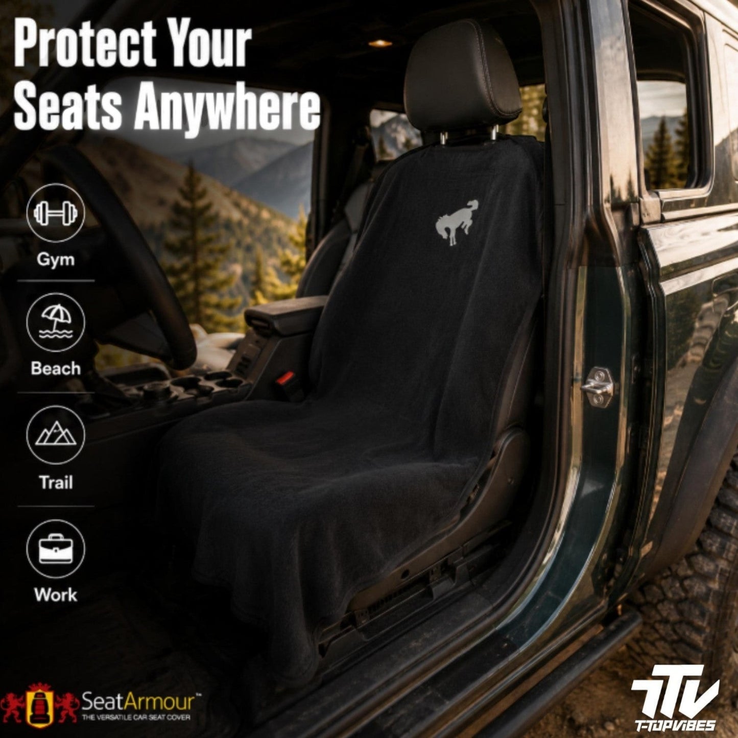 T-Top Vibes Ford Bronco black cotton terry velour car seat cover towel installed on a vehicle seat