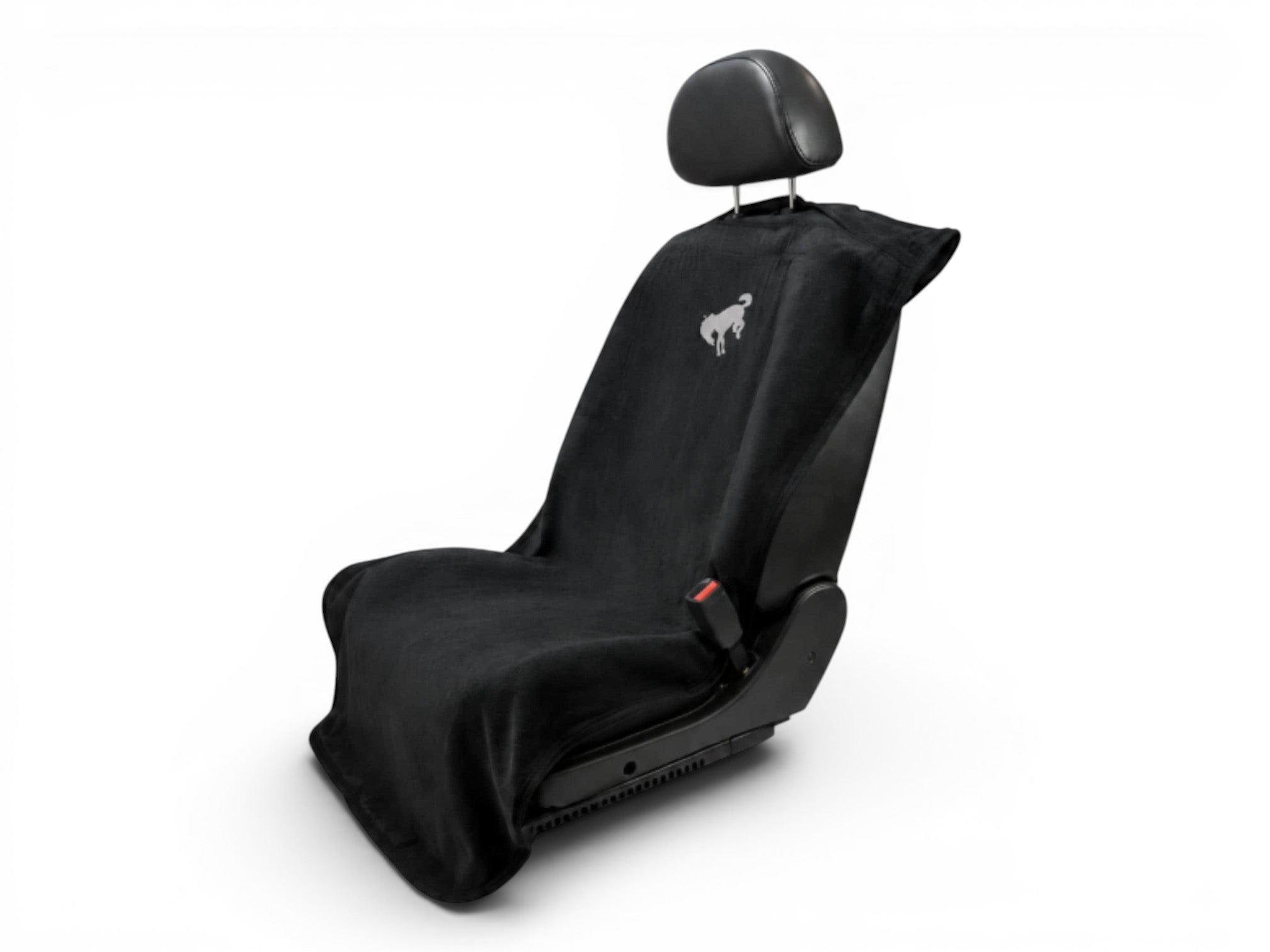 T-Top Vibes black cotton terry velour Ford Bronco seat cover towel with white logo on a car seat