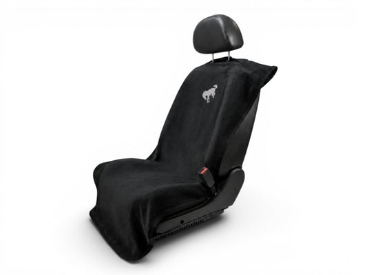 T-Top Vibes black cotton terry velour Ford Bronco seat cover towel with white logo on a car seat
