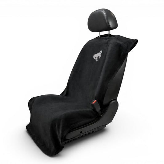 T-Top Vibes Ford Bronco black cotton terry velour car seat cover towel with white horse logo on a vehicle seat