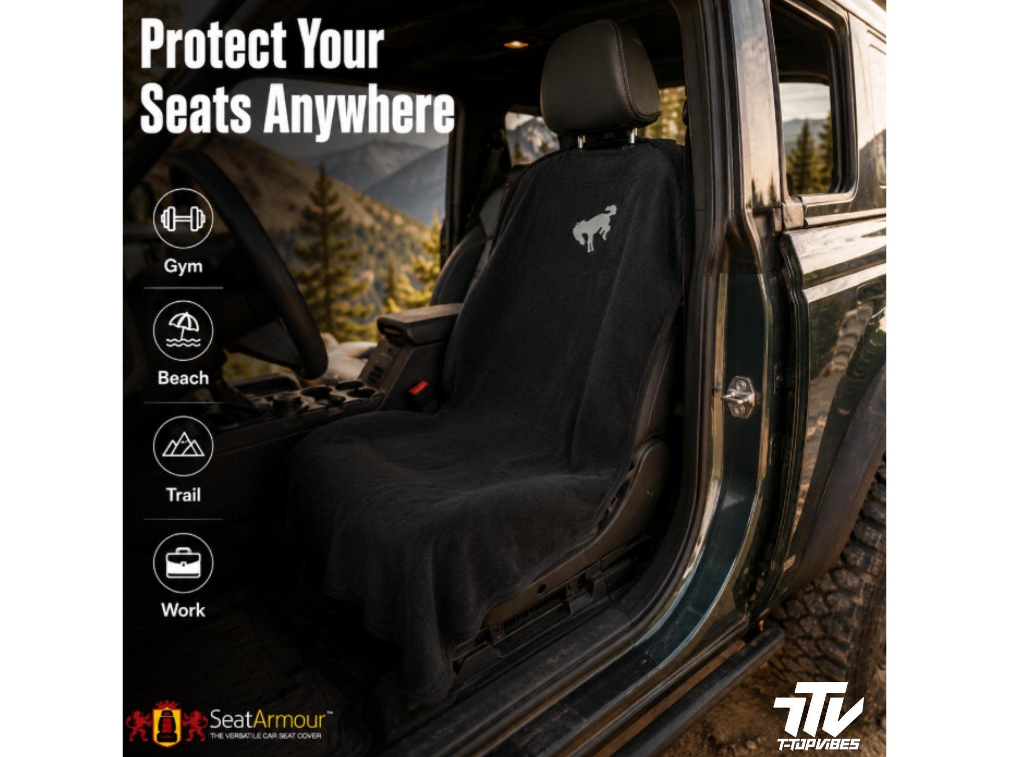 T-Top Vibes black cotton terry velour Ford Bronco seat cover towel installed on a car seat