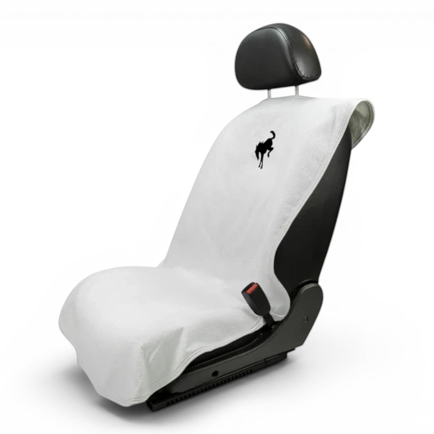 T-Top Vibes Ford Bronco gray cotton terry velour car seat cover towel with black bucking horse logo on a car seat