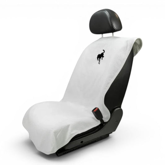 T-Top Vibes Ford Bronco gray cotton terry velour car seat cover towel with black bucking horse logo on a car seat
