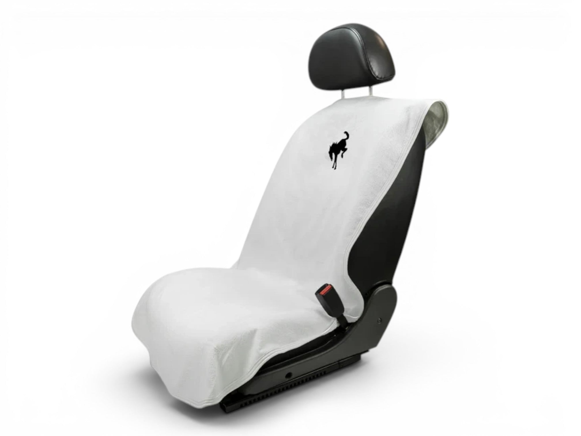 T-Top Vibes Ford Bronco gray cotton terry velour seat cover towel with black horse logo on a car seat
