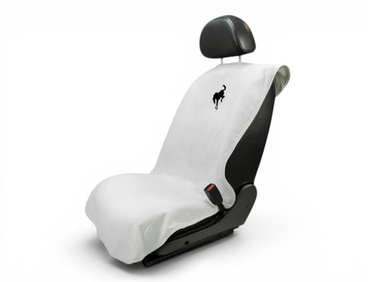 T-Top Vibes Ford Bronco gray cotton terry velour seat cover towel with black horse logo on a car seat