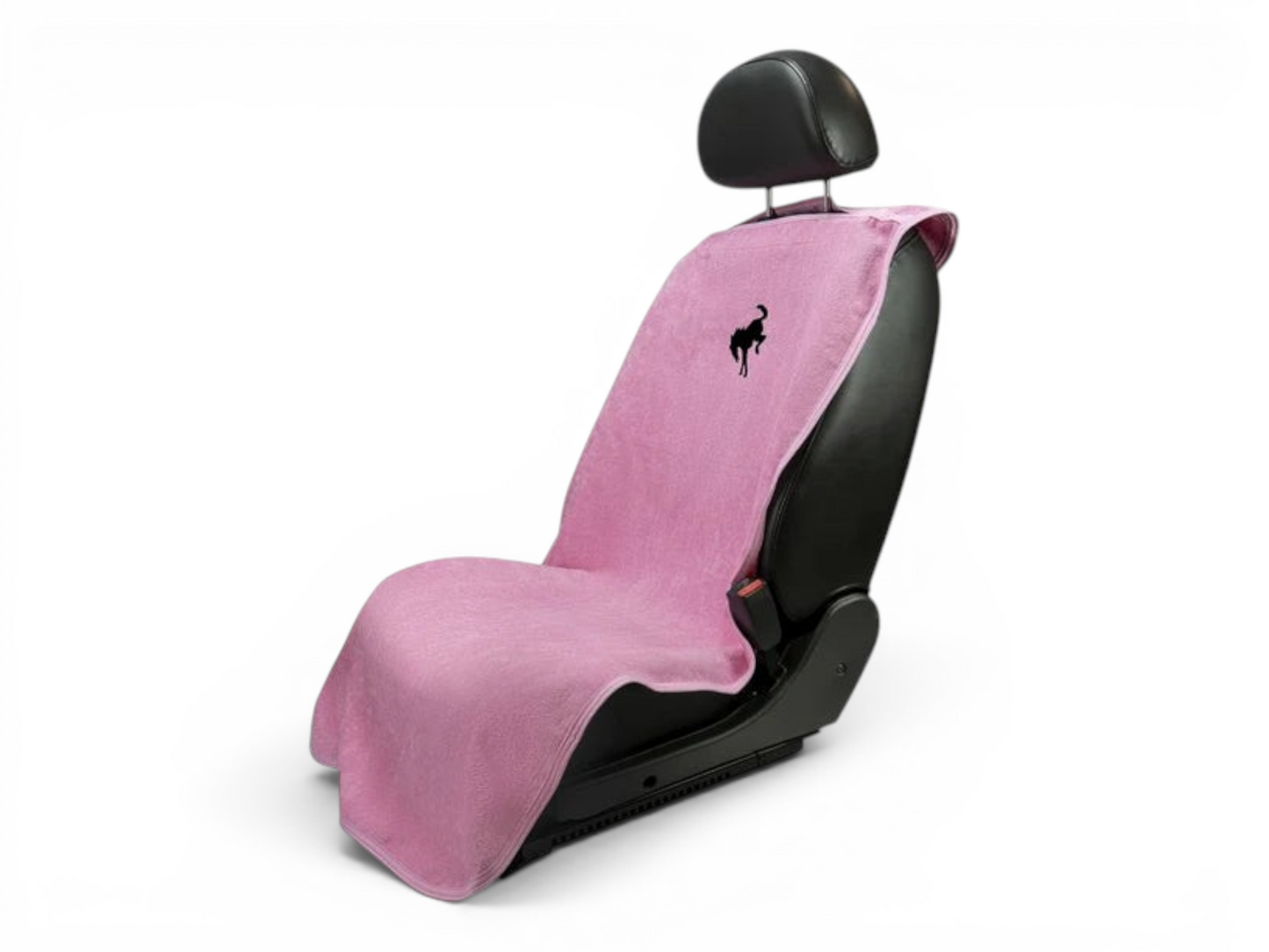 T-Top Vibes Ford Bronco pink cotton seat cover towel draped over a car seat for protection against spills and sweat