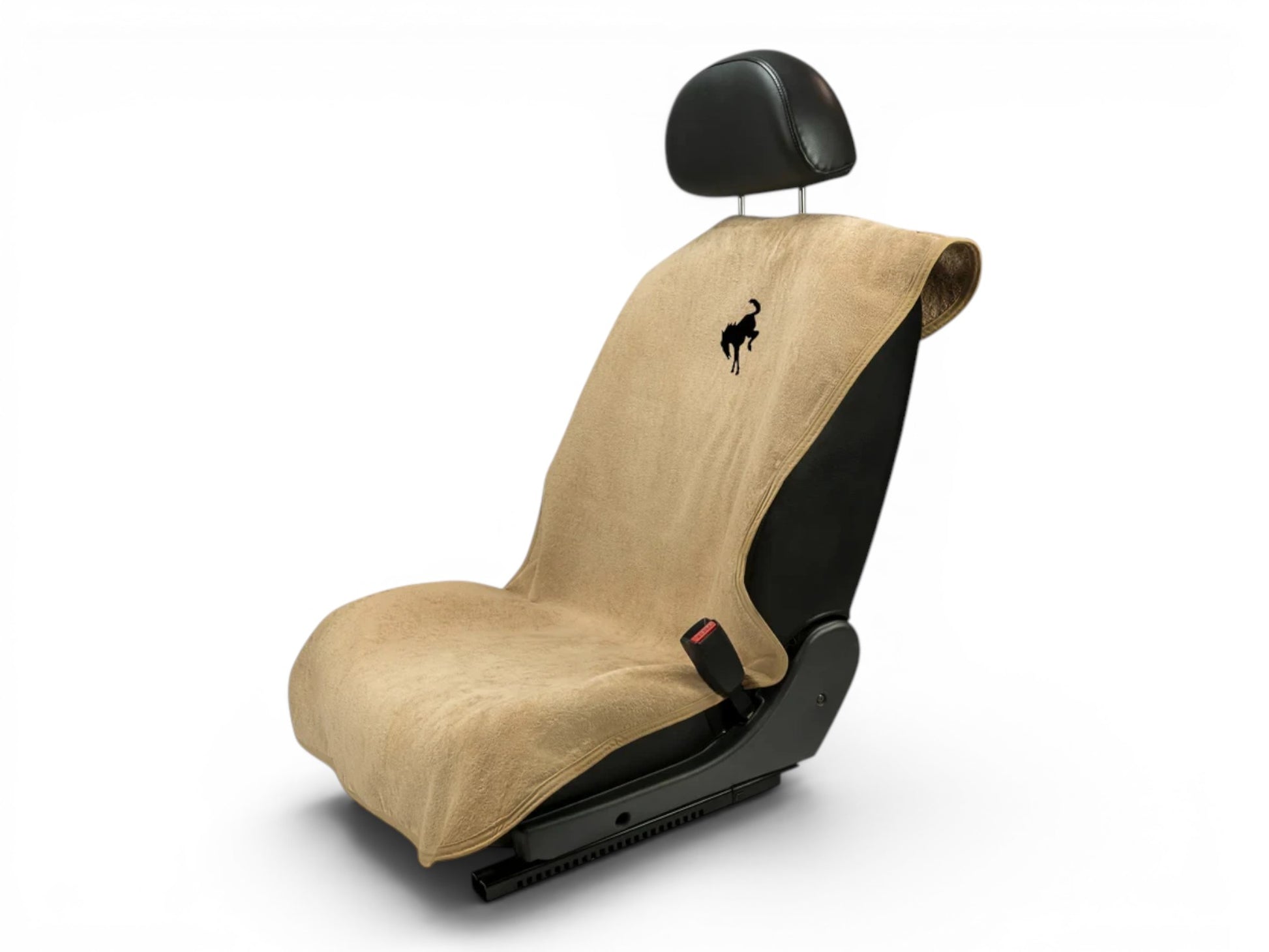 T-Top Vibes Ford Bronco tan cotton terry velour seat cover towel with black horse logo on a car seat