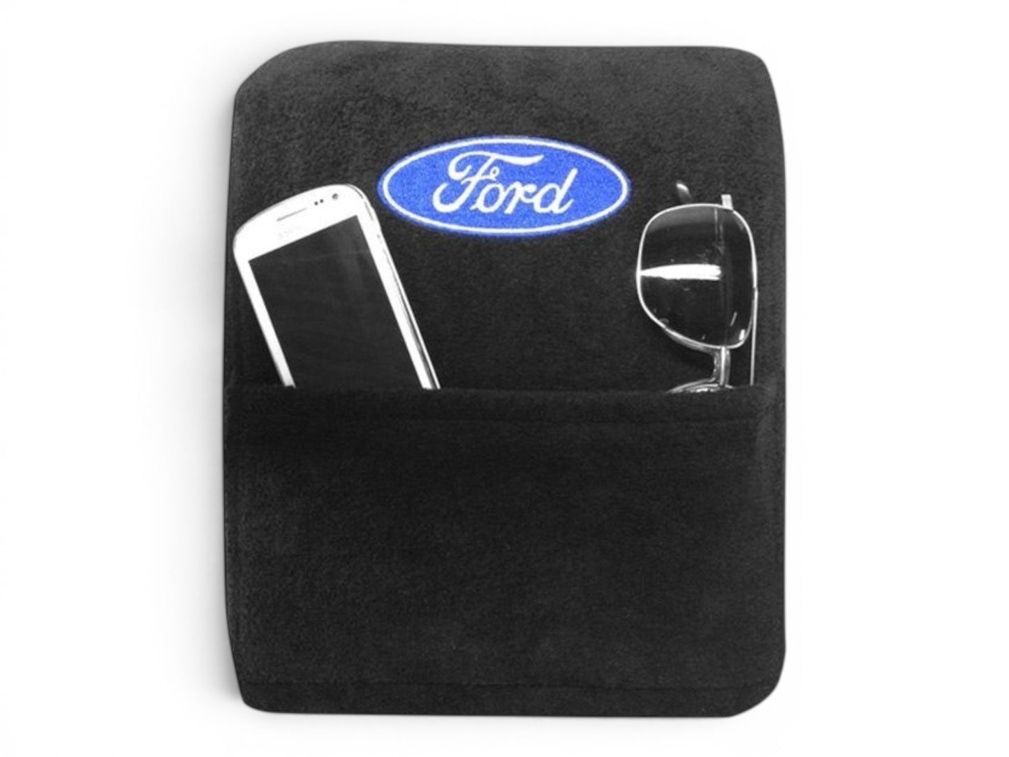T-Top Vibes black cotton Ford F-150 center console cover with embroidered logo and storage pocket for accessories.