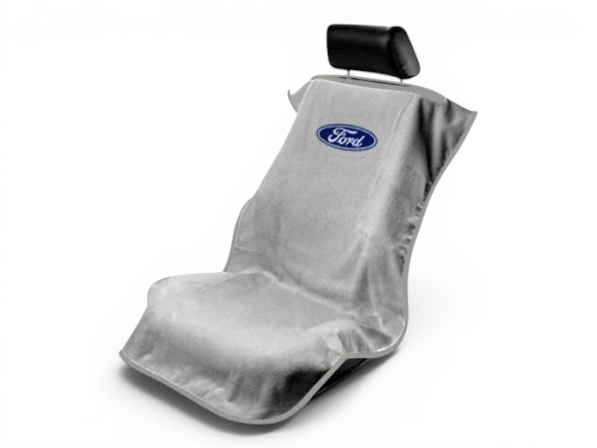 T-Top Vibes Ford grey cotton terry velour seat cover towel with blue logo for cars and trucks