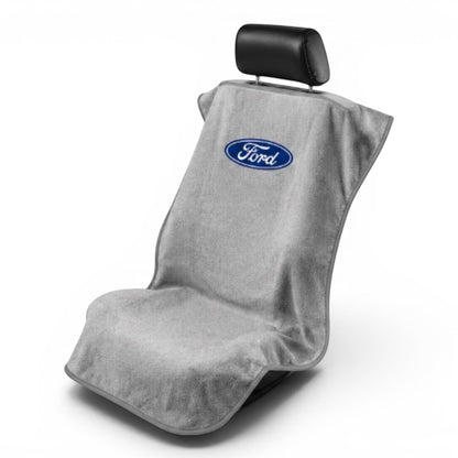 T-Top Vibes Ford car seat towel in grey cotton terry velour with blue Ford logo, universal fit for cars and trucks.