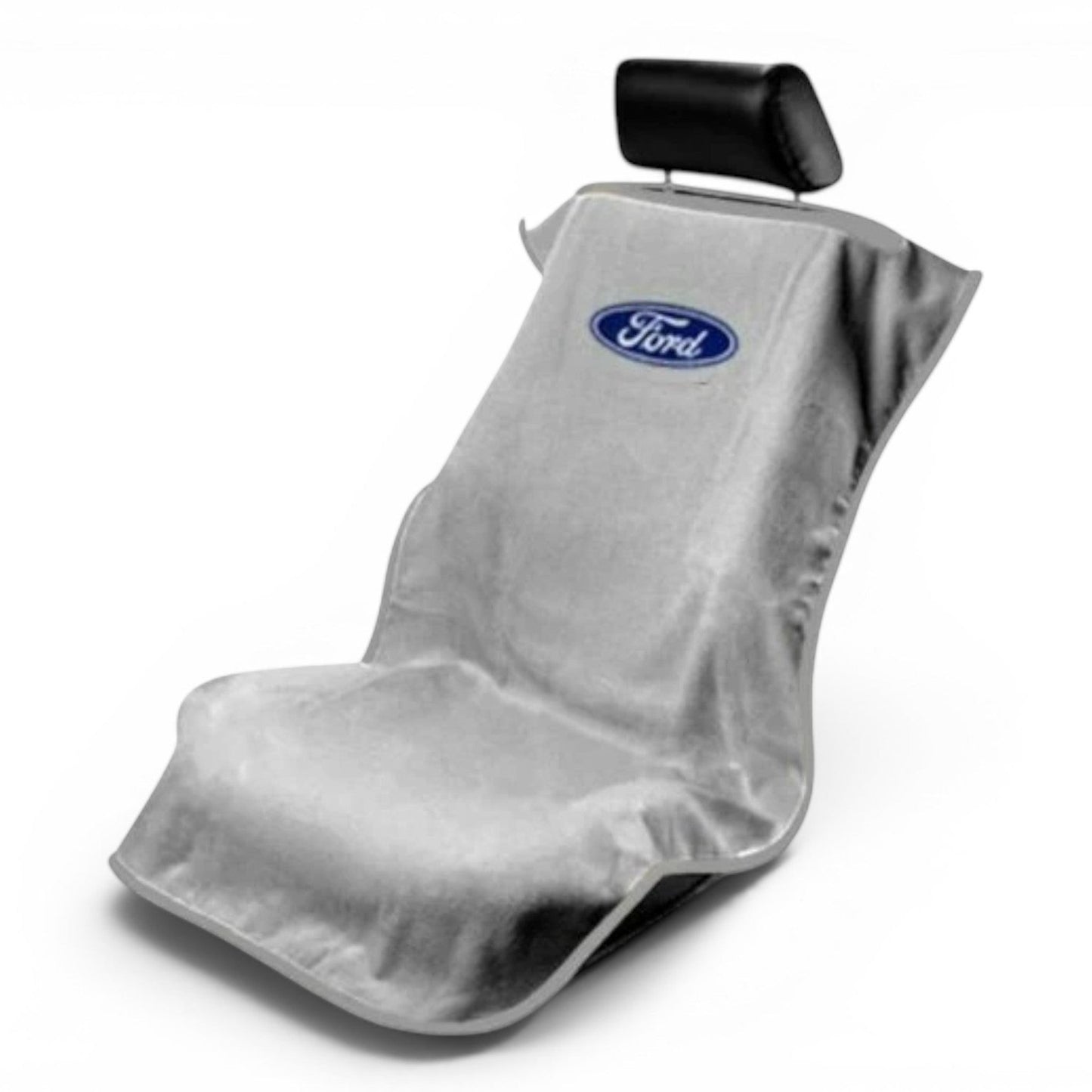 T-Top Vibes Ford grey cotton terry velour car seat towel with blue logo, universal fit for cars and trucks.