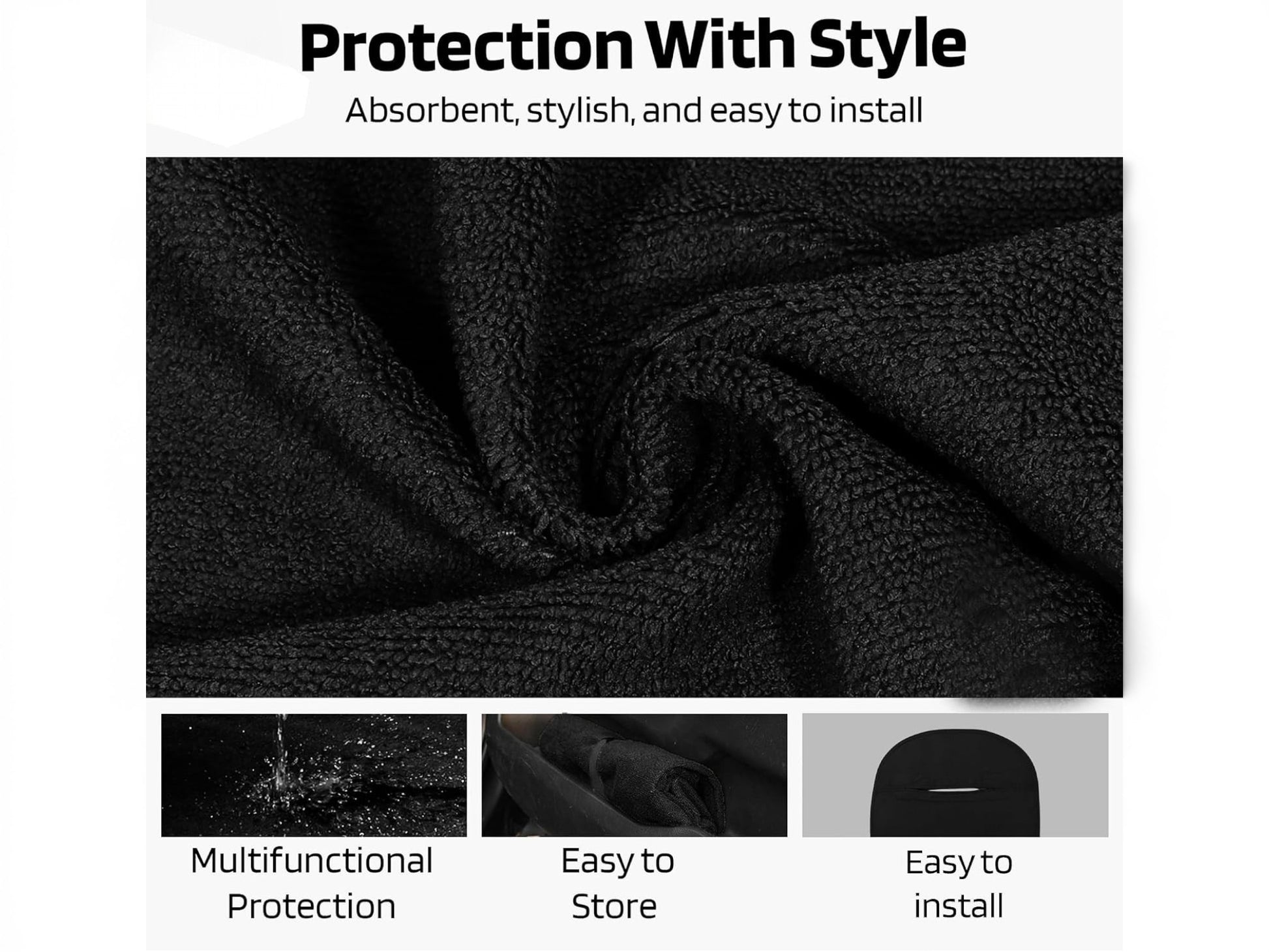 T-Top Vibes Ford Mustang black cotton car seat cover towel showing soft absorbent fabric texture and installation
