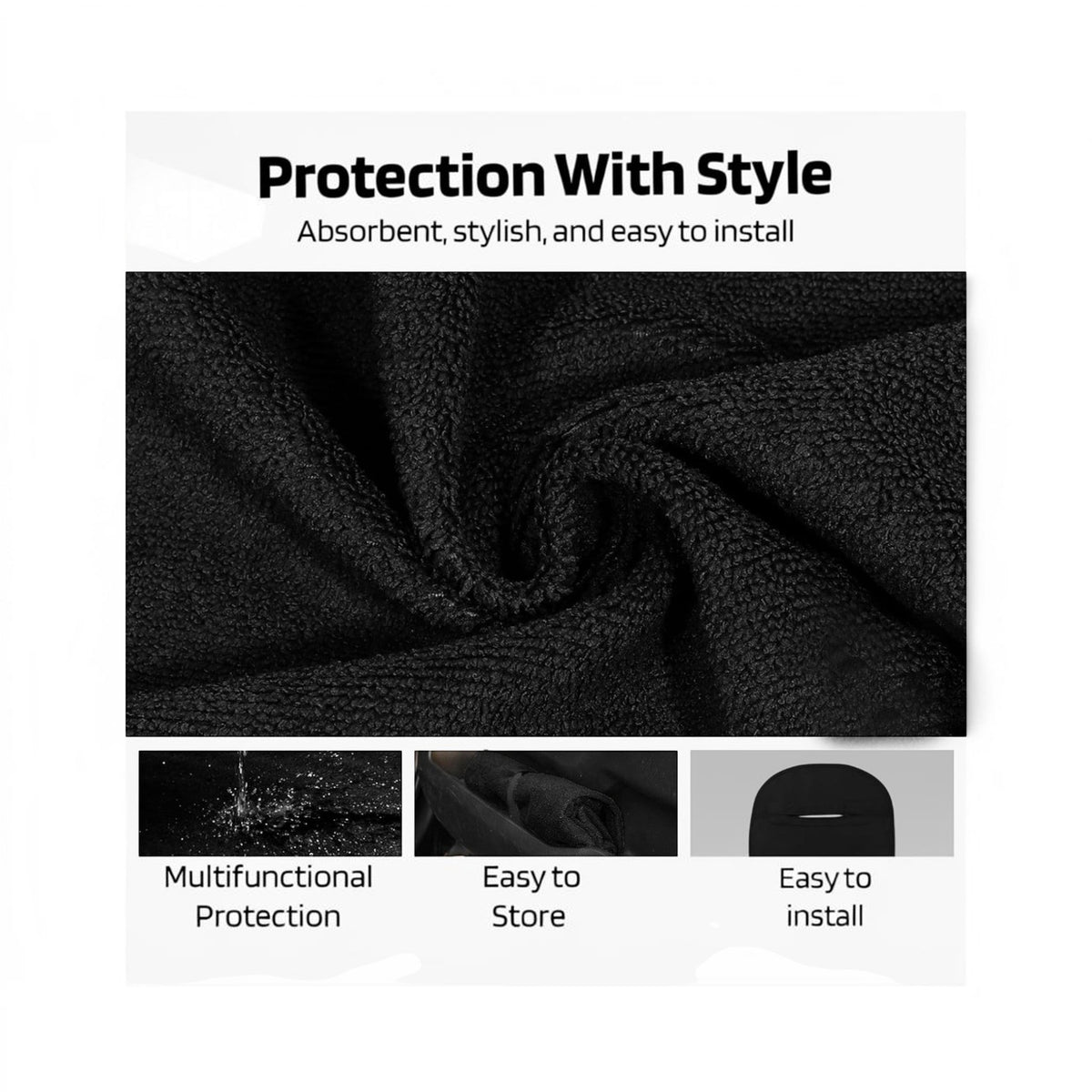 T-Top Vibes Ford Mustang black cotton terry velour car seat cover towel showing texture and installation features