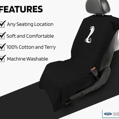 T-Top Vibes Ford Mustang Cobra black cotton car seat cover towel with white snake logo draped over a vehicle seat