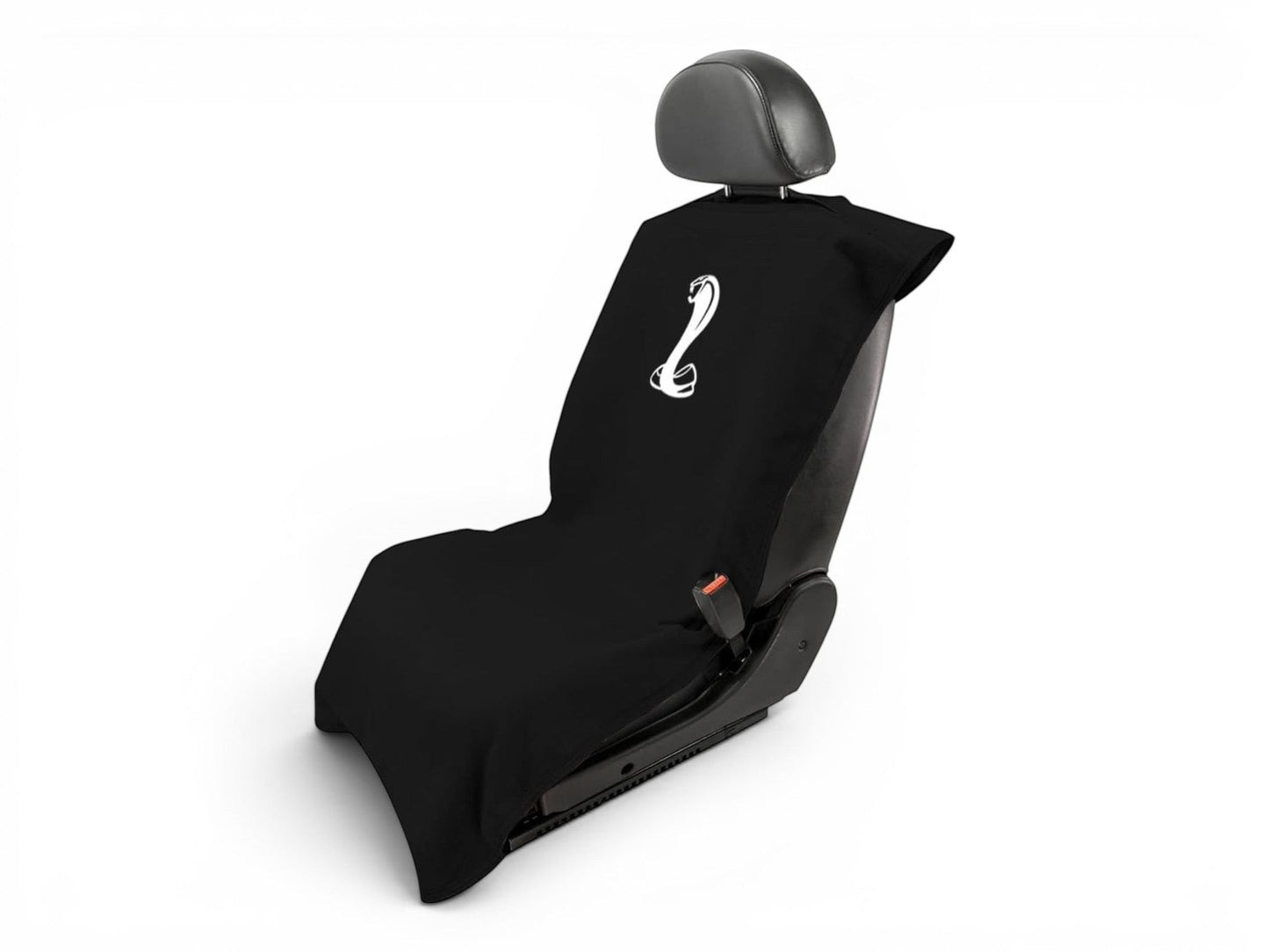 T-Top Vibes Ford Mustang Cobra black cotton car seat cover towel with white snake logo draped over a car seat.