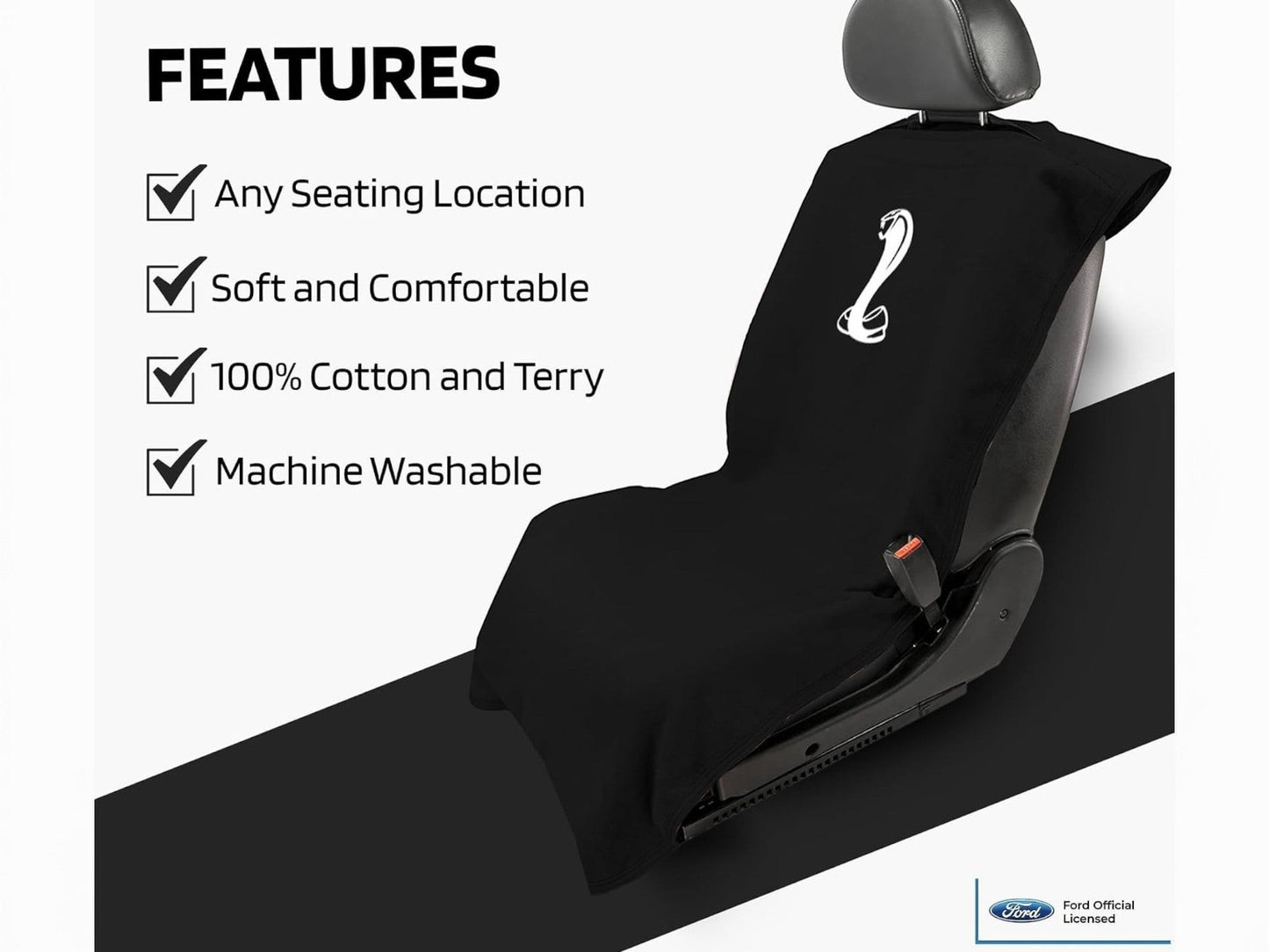 T-Top Vibes Ford Mustang Cobra black cotton car seat cover towel with white snake logo draped over a vehicle seat