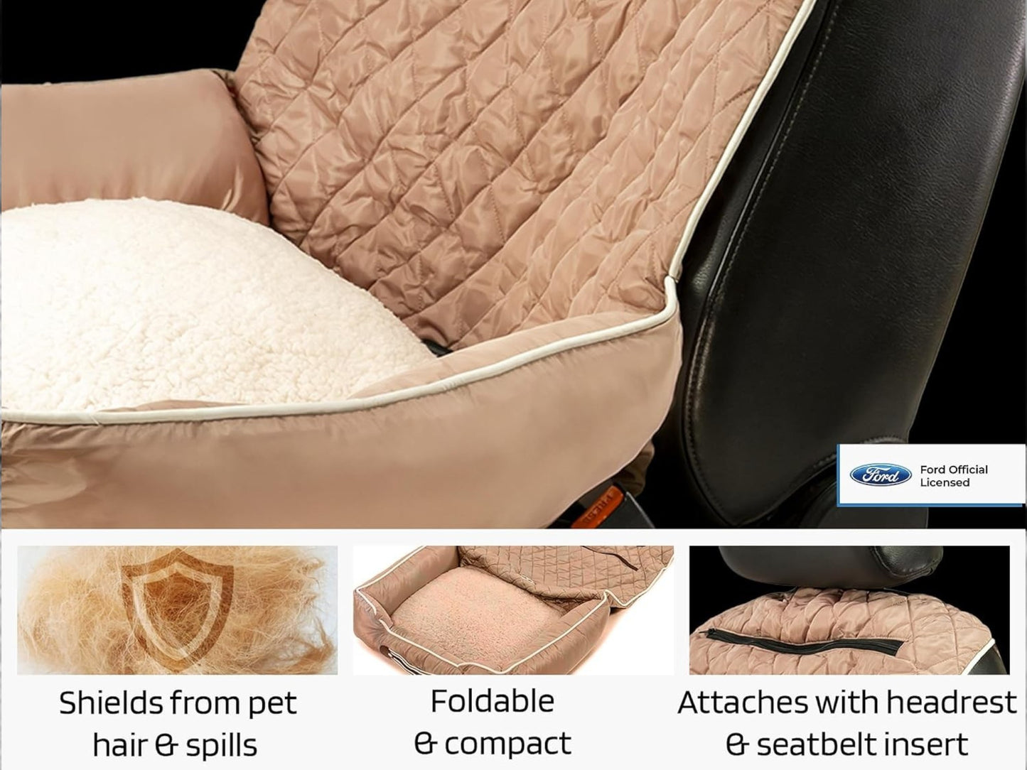 T-Top Vibes Ford Mustang quilted tan pet bed and car seat cover with white fleece cushion installed on a vehicle seat