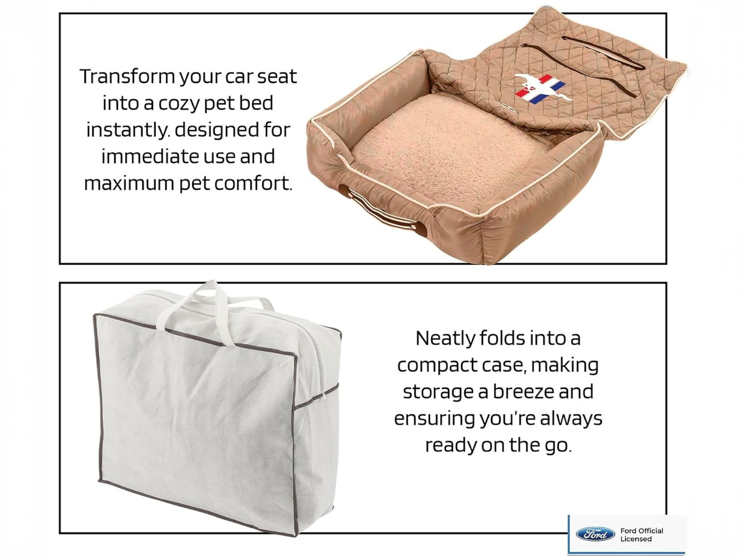 T-Top Vibes Ford Mustang pet bed and car seat cover in tan cotton with a logo, shown as a bed and a carrying bag.