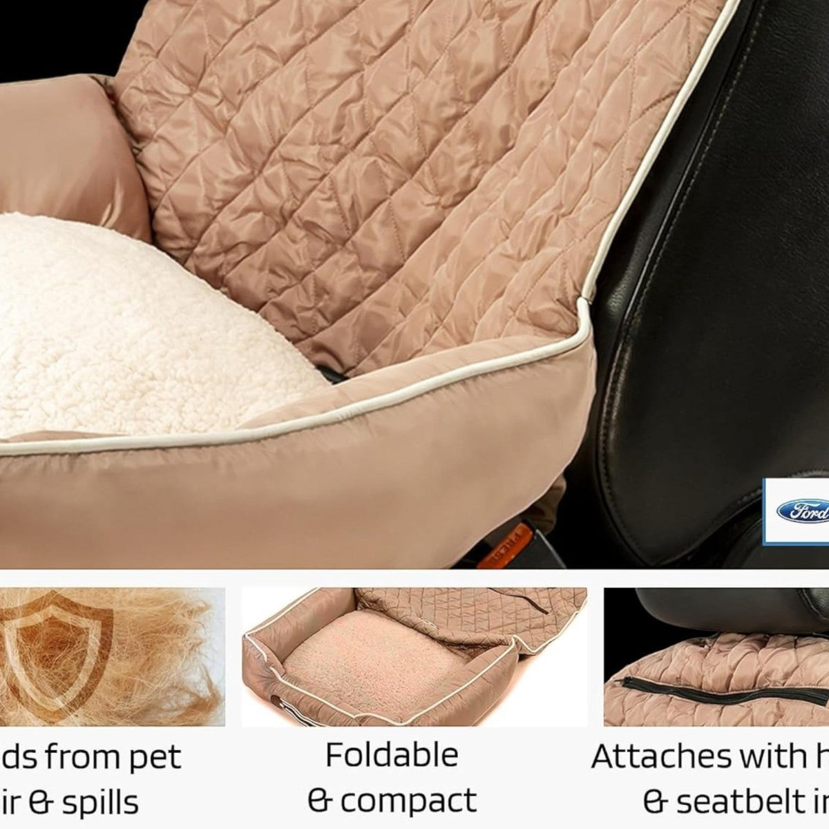T-Top Vibes Ford Mustang quilted tan pet bed and car seat cover with white fleece cushion installed on a vehicle seat