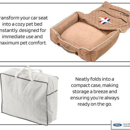 T-Top Vibes Ford Mustang pet bed and car seat cover in tan cotton with a logo, shown as a bed and a carrying bag.