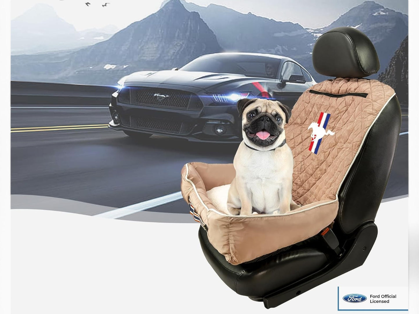 T-Top Vibes Ford Mustang pet bed and car seat cover in tan cotton with a pug sitting inside on a vehicle seat.