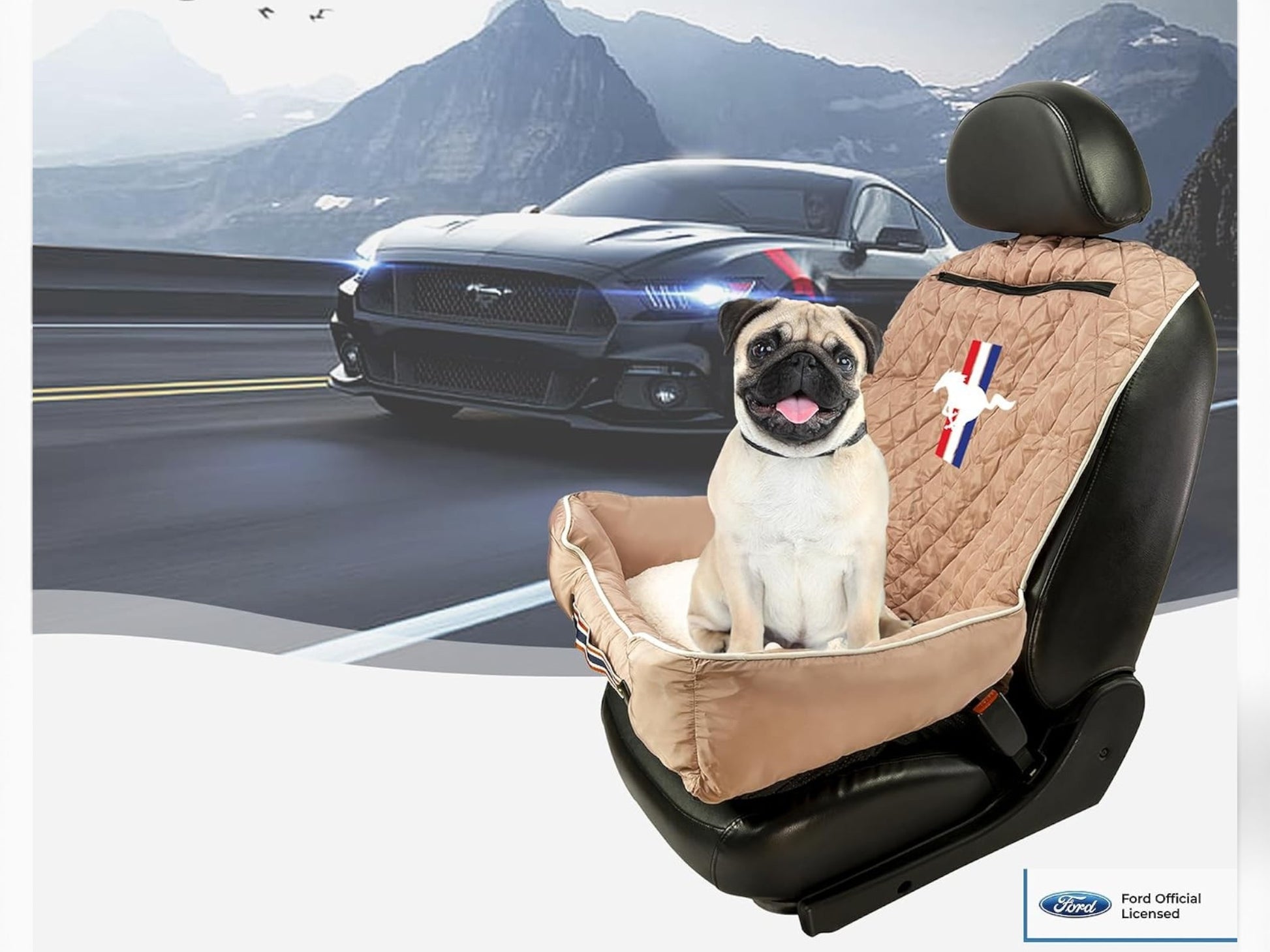 T-Top Vibes Ford Mustang pet bed and car seat cover in tan cotton with a pug sitting inside on a vehicle seat.