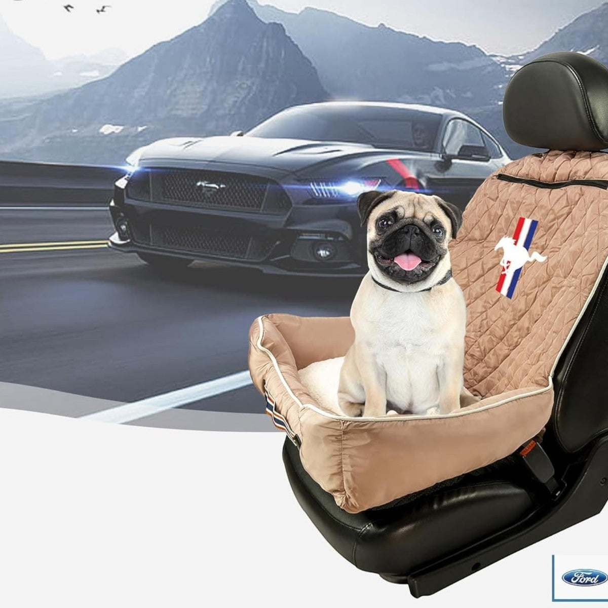 T-Top Vibes Ford Mustang pet bed and car seat cover in tan cotton with a pug sitting inside on a vehicle seat.