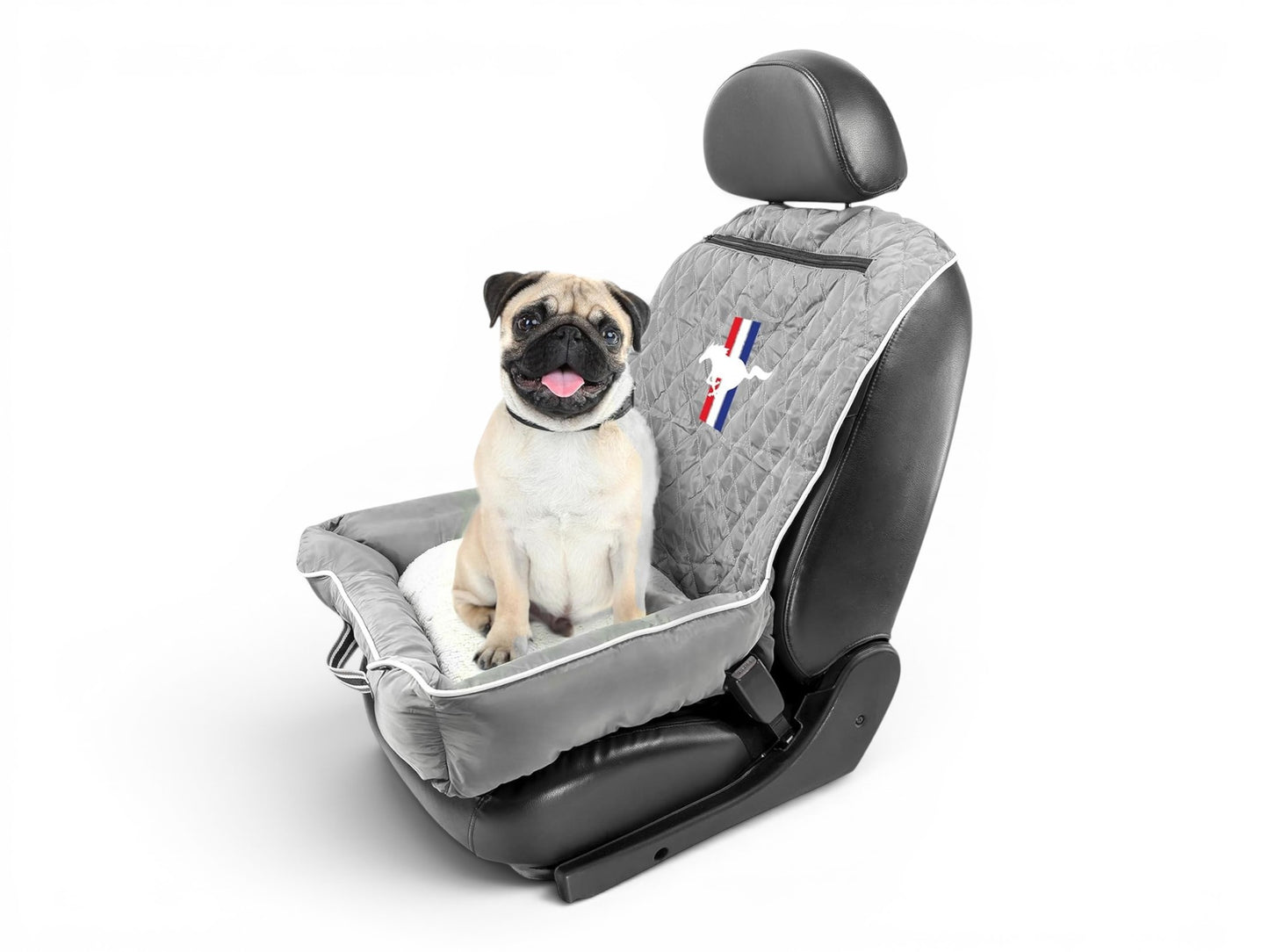 T-Top Vibes Ford Mustang quilted grey pet bed and car seat cover with a pug sitting on it