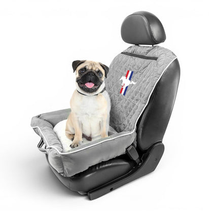 T-Top Vibes Ford Mustang pet bed and car seat cover in grey quilted cotton with a pug sitting on it