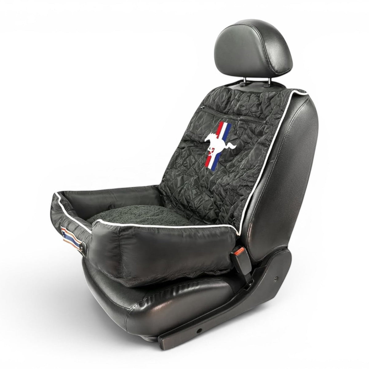 T-Top Vibes Ford Mustang black quilted pet bed and car seat cover with white piping and iconic logo on a car seat.