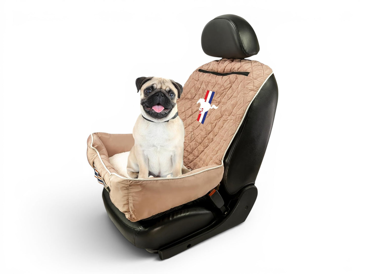 T-Top Vibes Ford Mustang quilted tan pet car seat cover and bed with a pug sitting on it