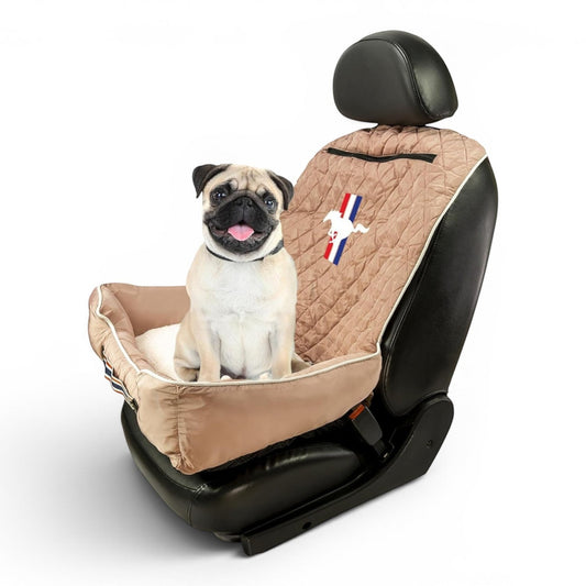 T-Top Vibes Ford Mustang pet bed and car seat cover in tan quilted cotton with a pug sitting inside on a car seat.