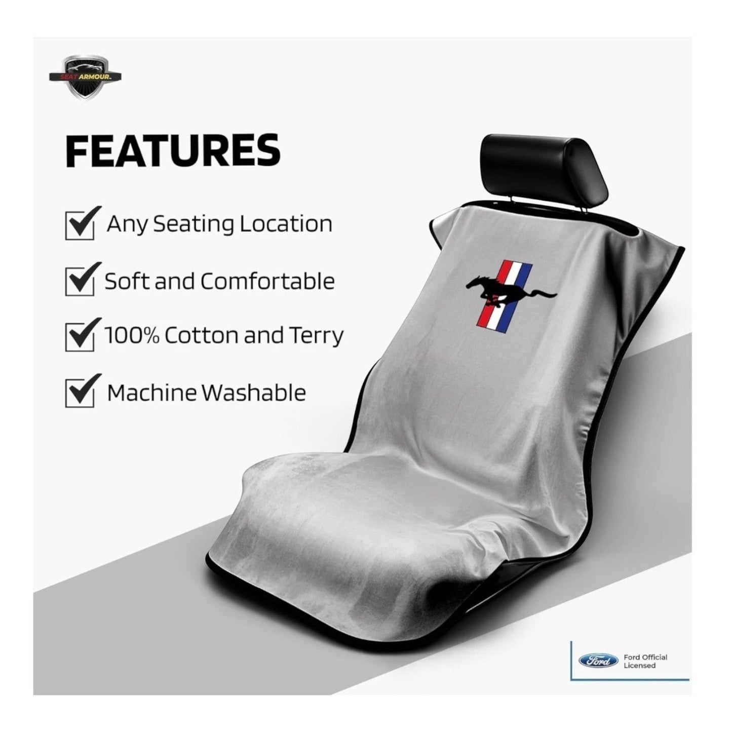 T-Top Vibes Ford Mustang grey cotton terry car seat cover towel with iconic pony logo for universal vehicle fit